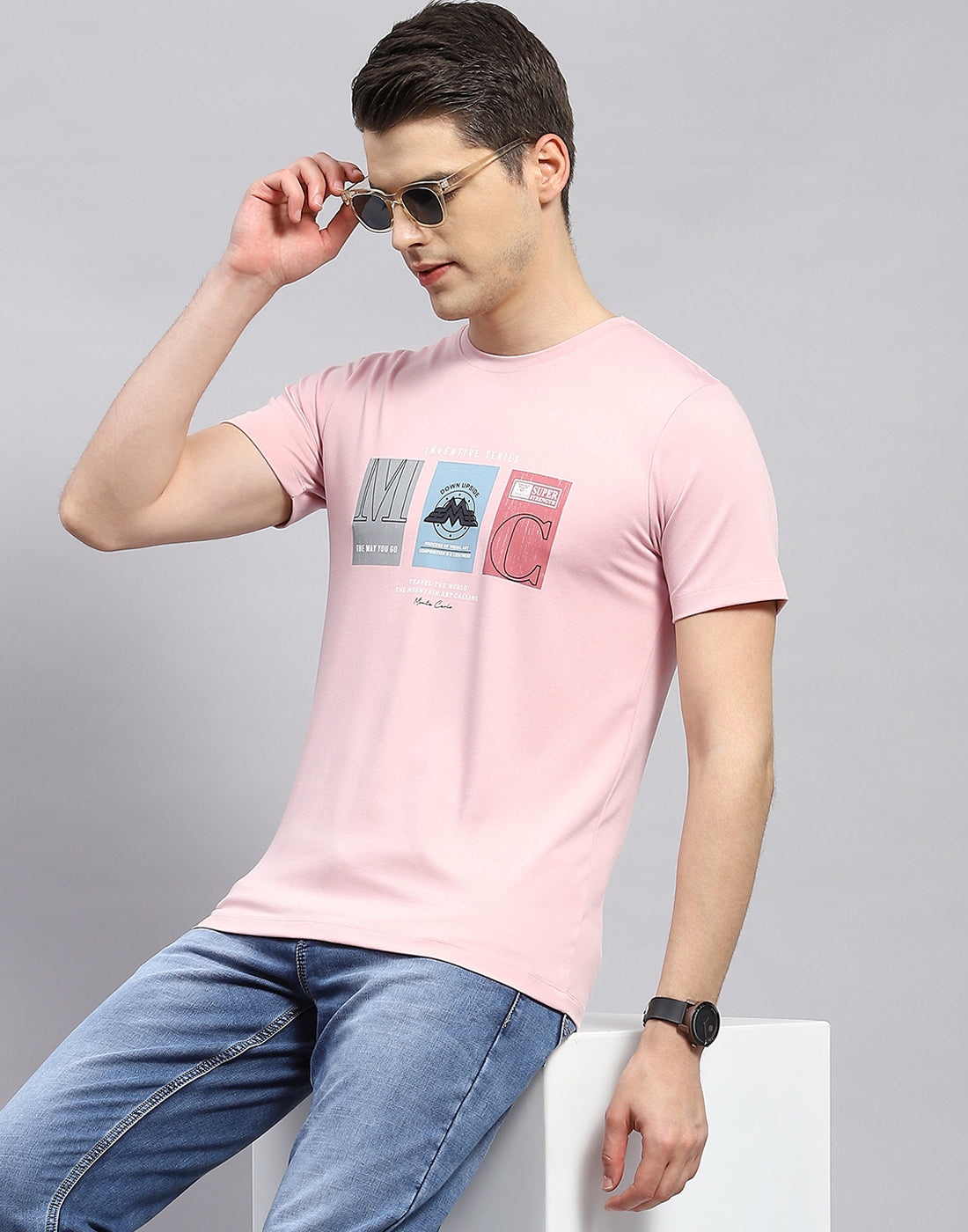 Men Pink Printed Round Neck Half Sleeve T-Shirt