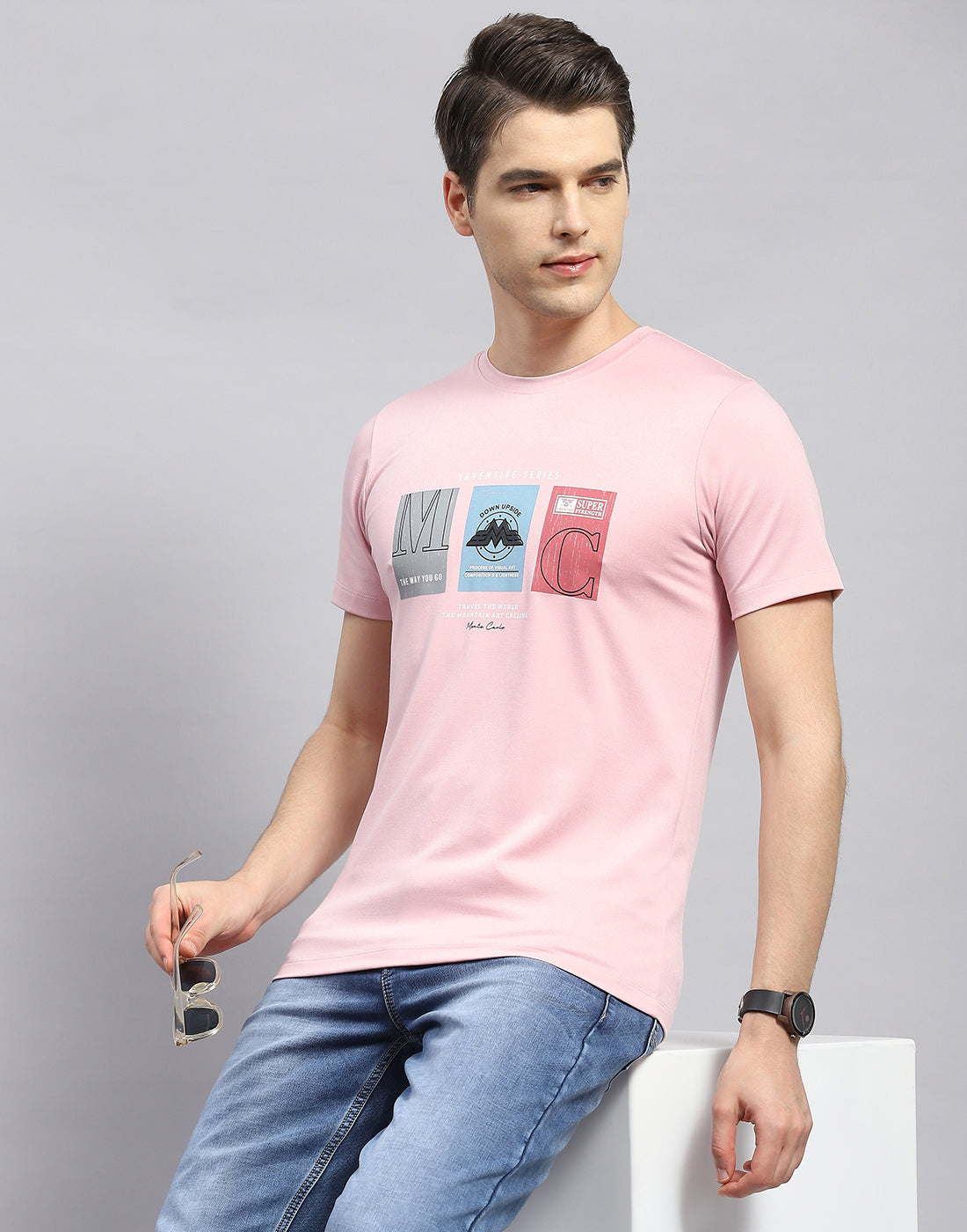 Men Pink Printed Round Neck Half Sleeve T-Shirt