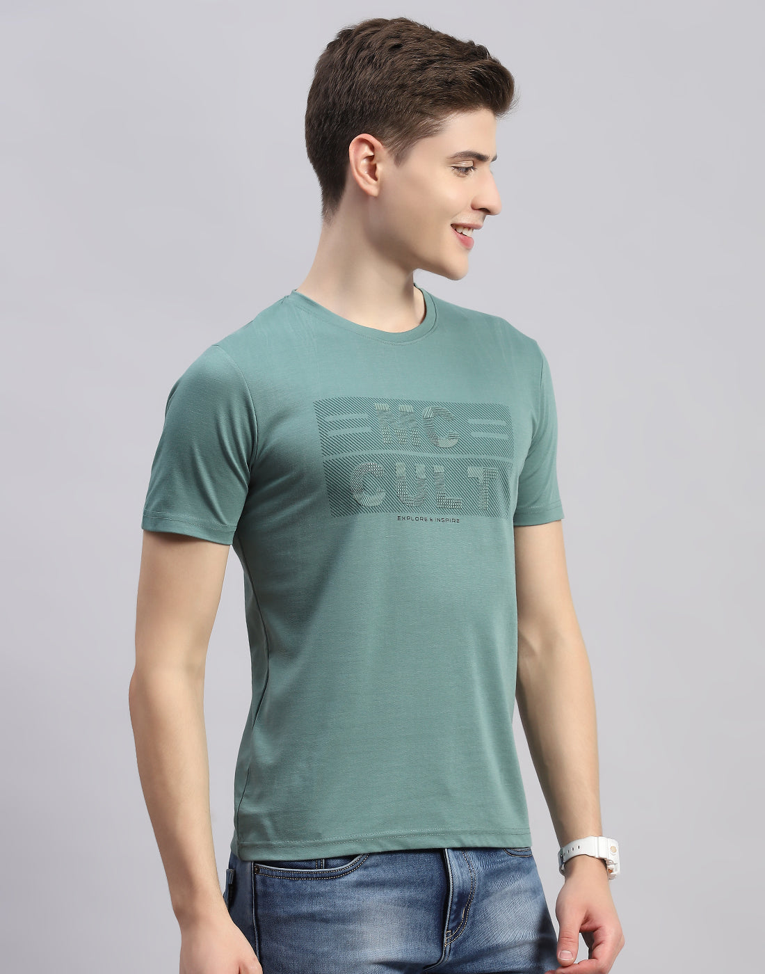 Men Green Printed Round Neck Half Sleeve T-Shirt