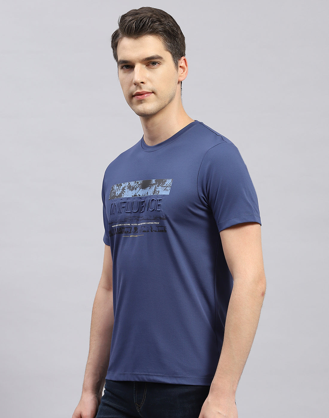 Men Blue Printed Round Neck Half Sleeve T-Shirt