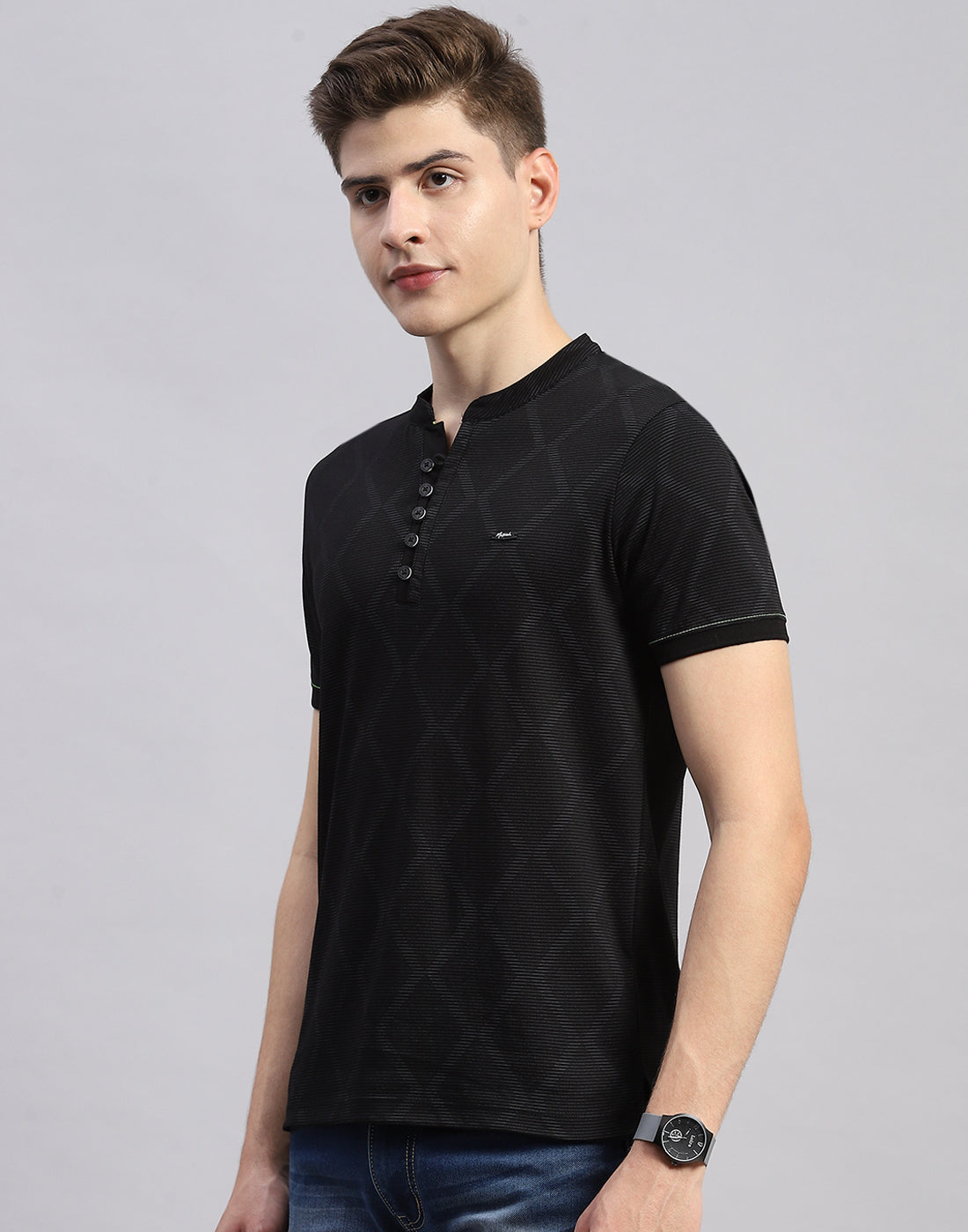 Men Black Printed Mandarin Neck Half Sleeve T-Shirt