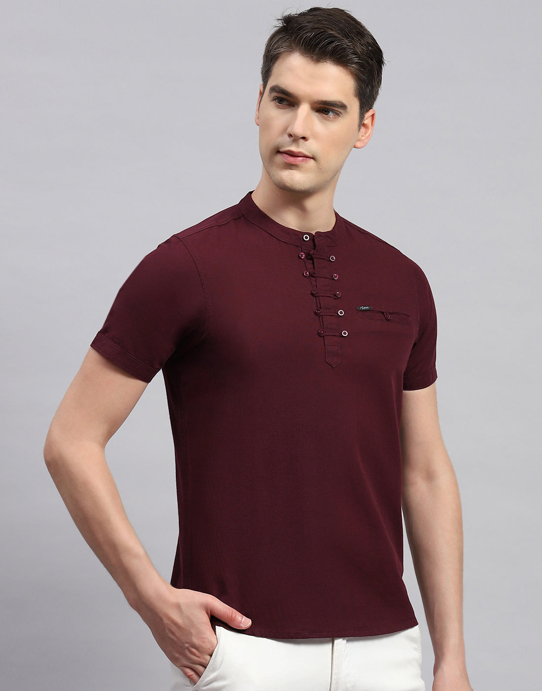 Men Maroon Solid Band Collar Half Sleeve T-Shirt