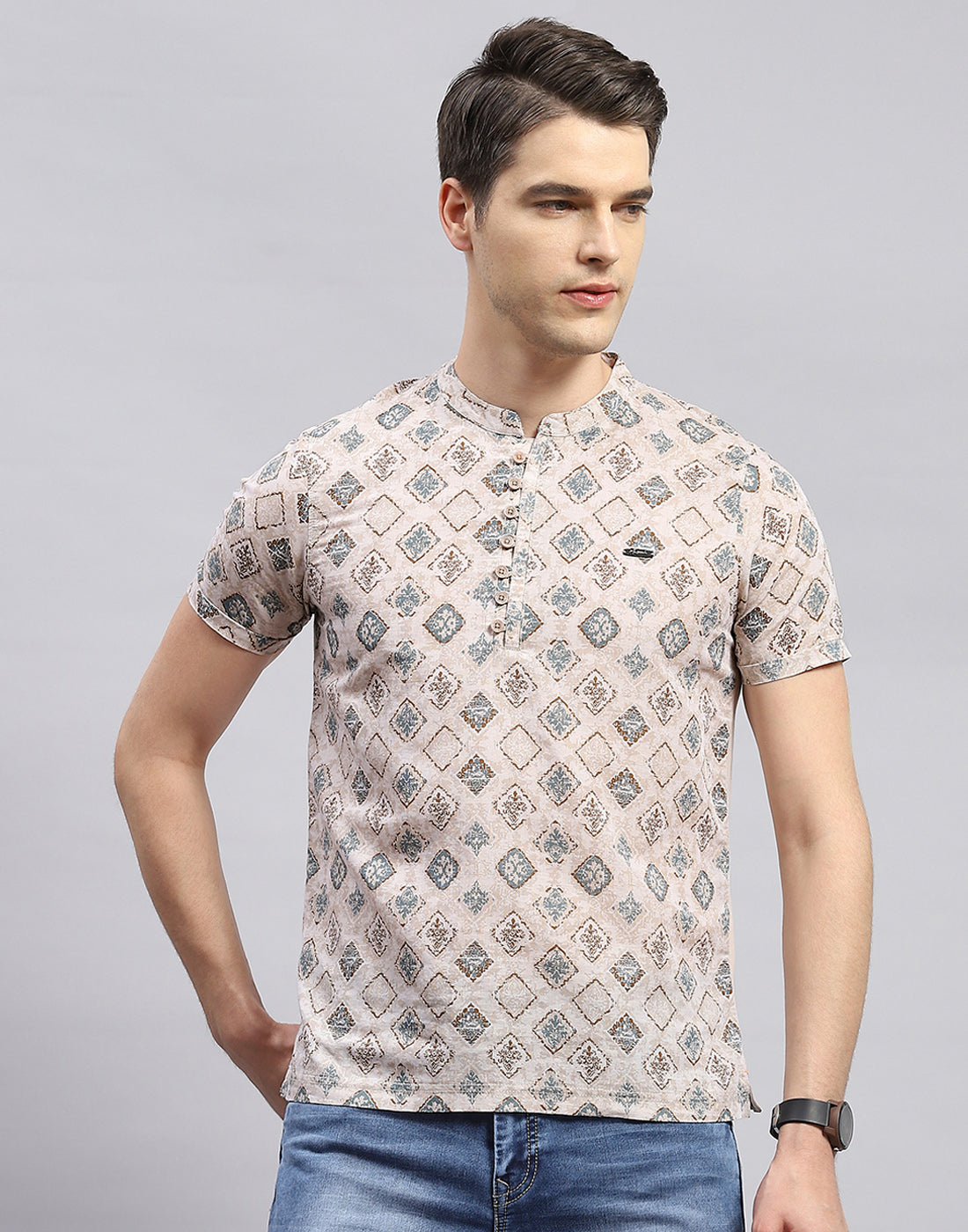 Men Beige Printed Band Collar Half Sleeve Kurta