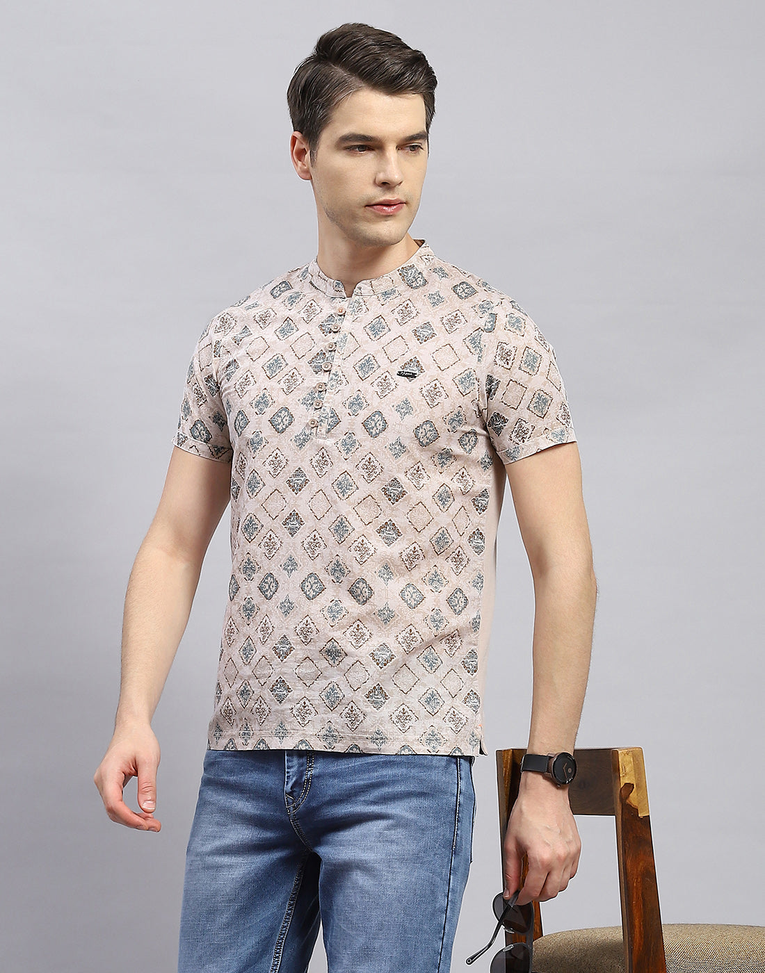 Men Beige Printed Band Collar Half Sleeve Kurta