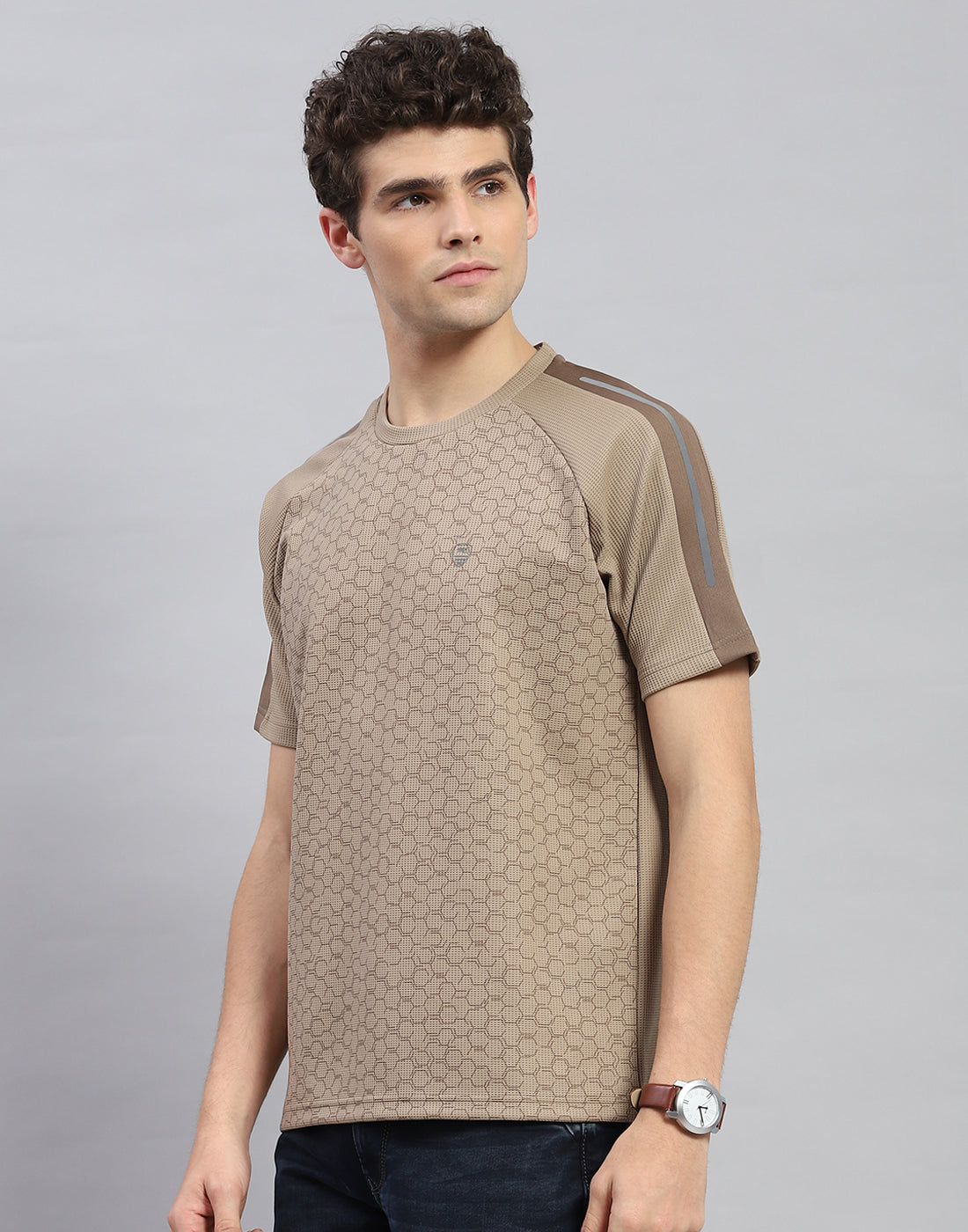 Men Khaki Printed Round Neck Half Sleeve T-Shirt