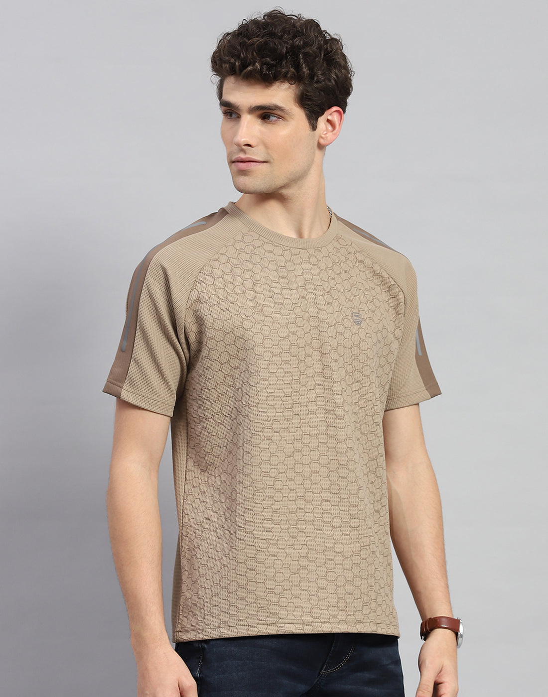 Men Khaki Printed Round Neck Half Sleeve T-Shirt