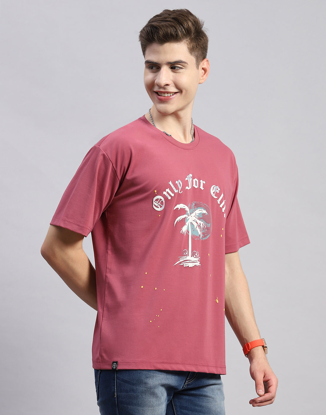 Men Pink Printed Round Neck Half Sleeve T-Shirt