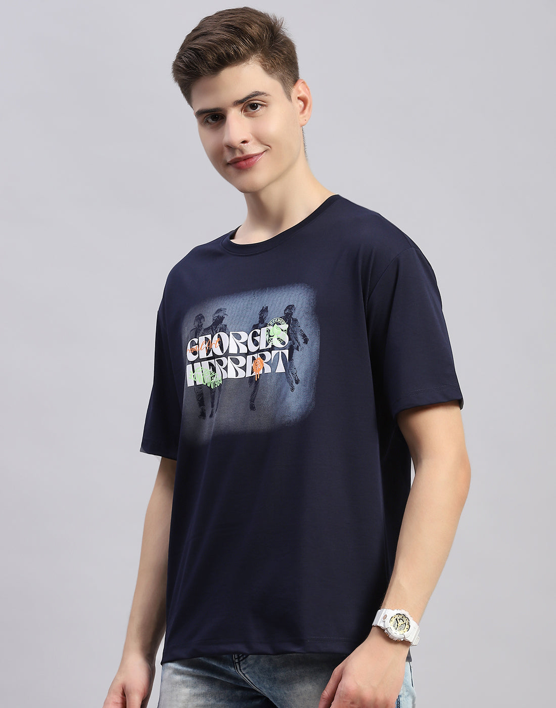 Men Navy Blue Printed Round Neck Half Sleeve T-Shirt