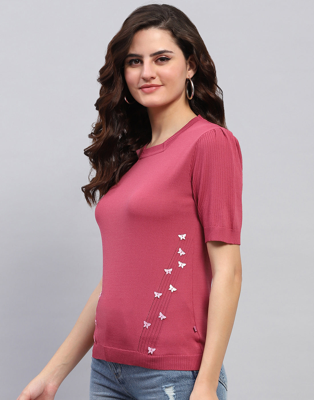 Women Pink Solid Round Neck Half Sleeve Top