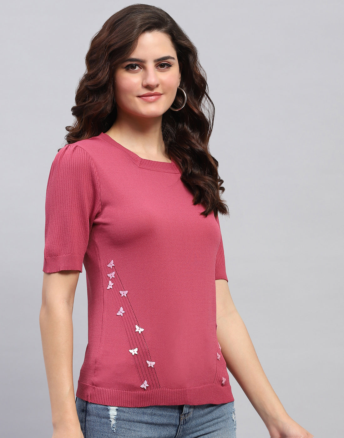 Women Pink Solid Round Neck Half Sleeve Top