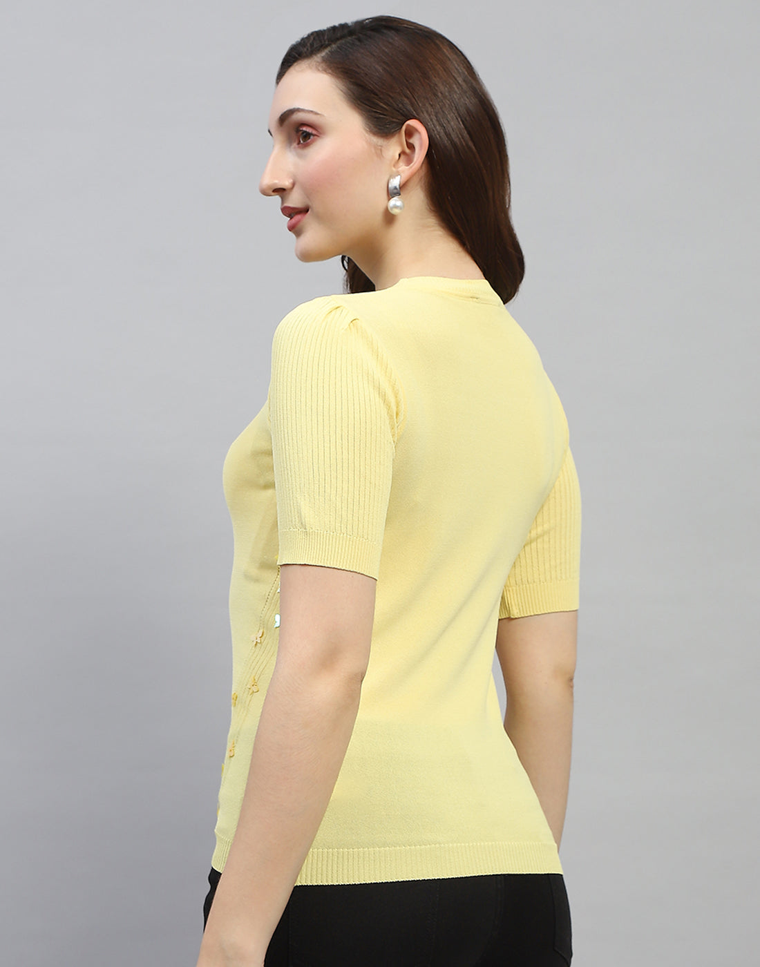 Women Yellow Solid Round Neck Half Sleeve Top