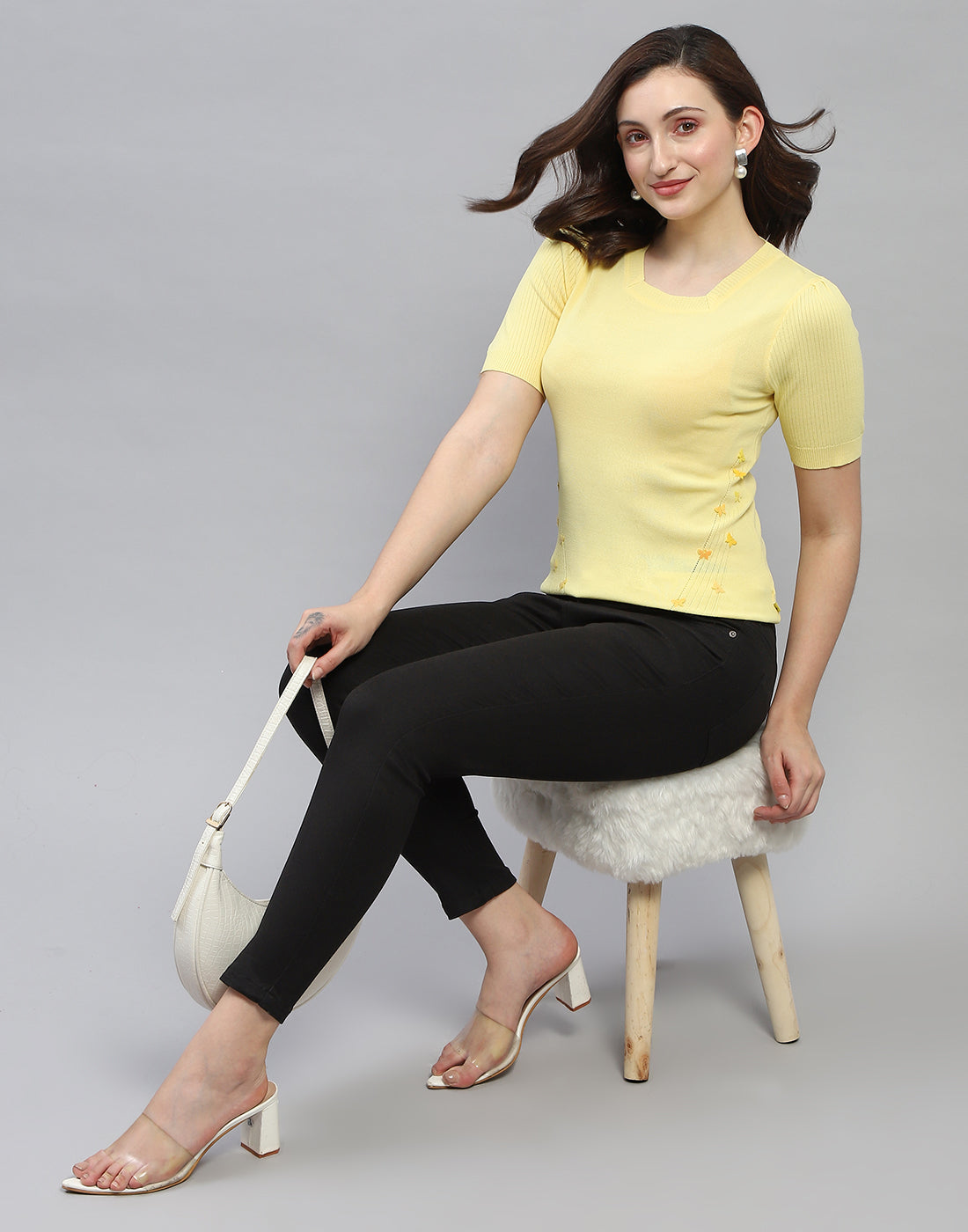 Women Yellow Solid Round Neck Half Sleeve Top