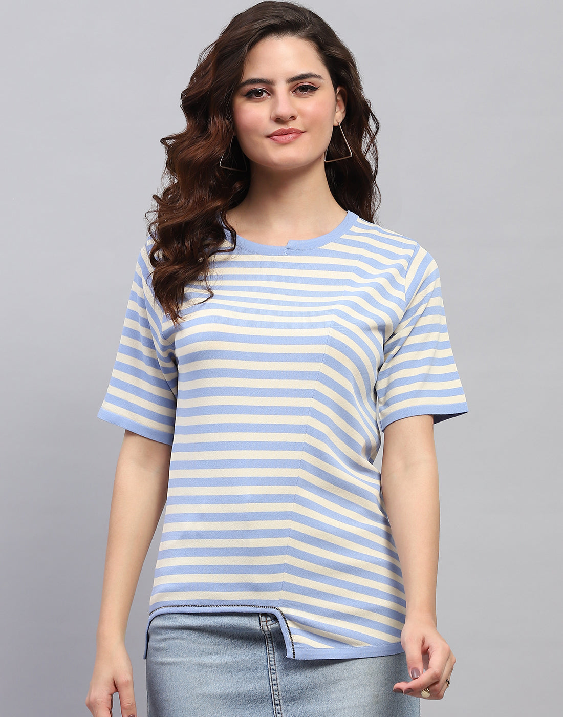 Women Sky Blue Stripe Round Neck Half Sleeve Top