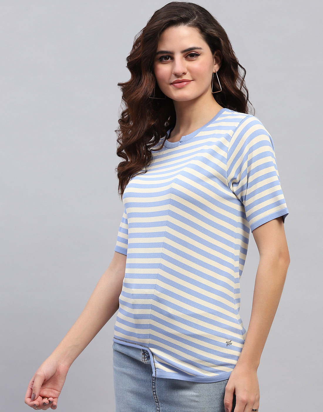 Women Sky Blue Stripe Round Neck Half Sleeve Top