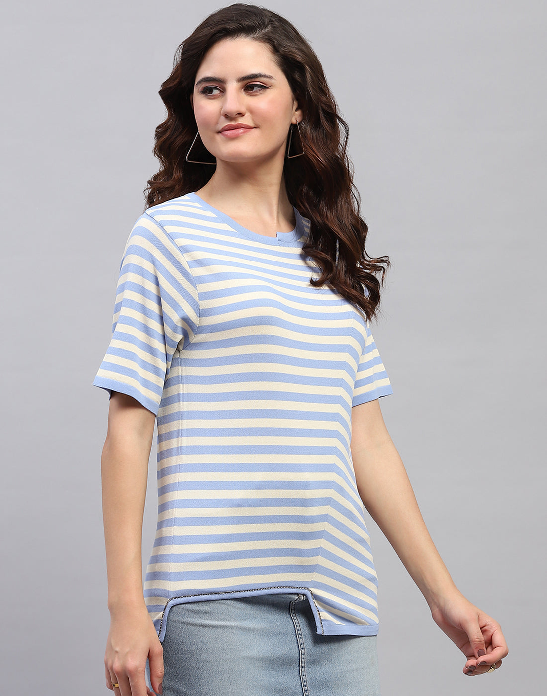 Women Sky Blue Stripe Round Neck Half Sleeve Top