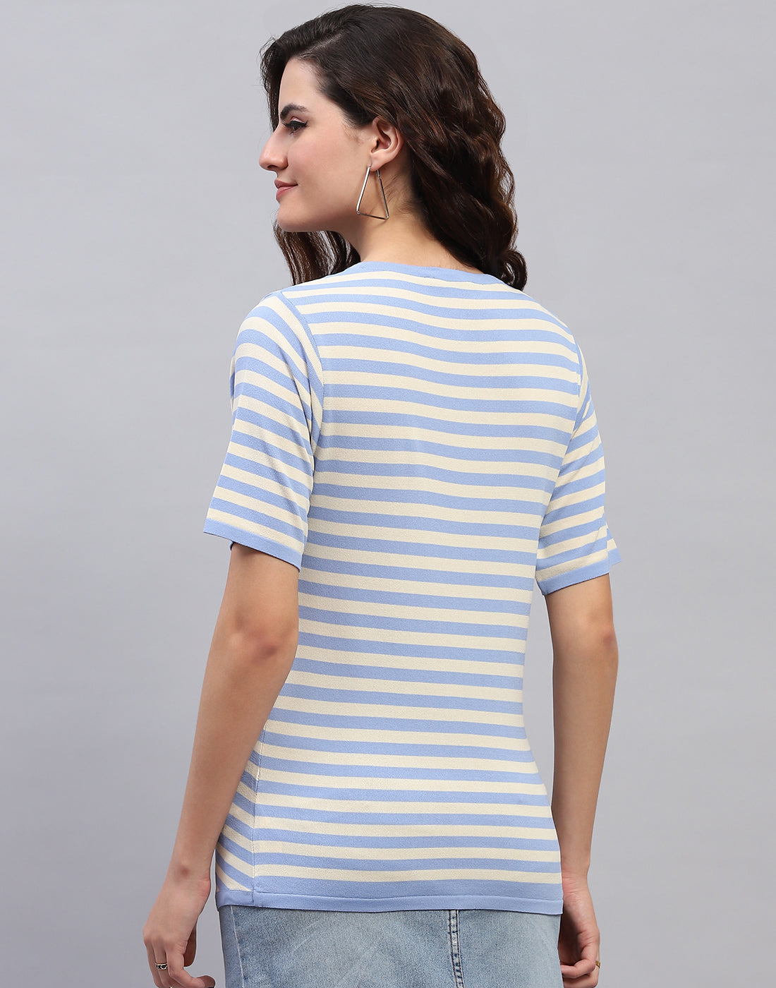 Women Sky Blue Stripe Round Neck Half Sleeve Top