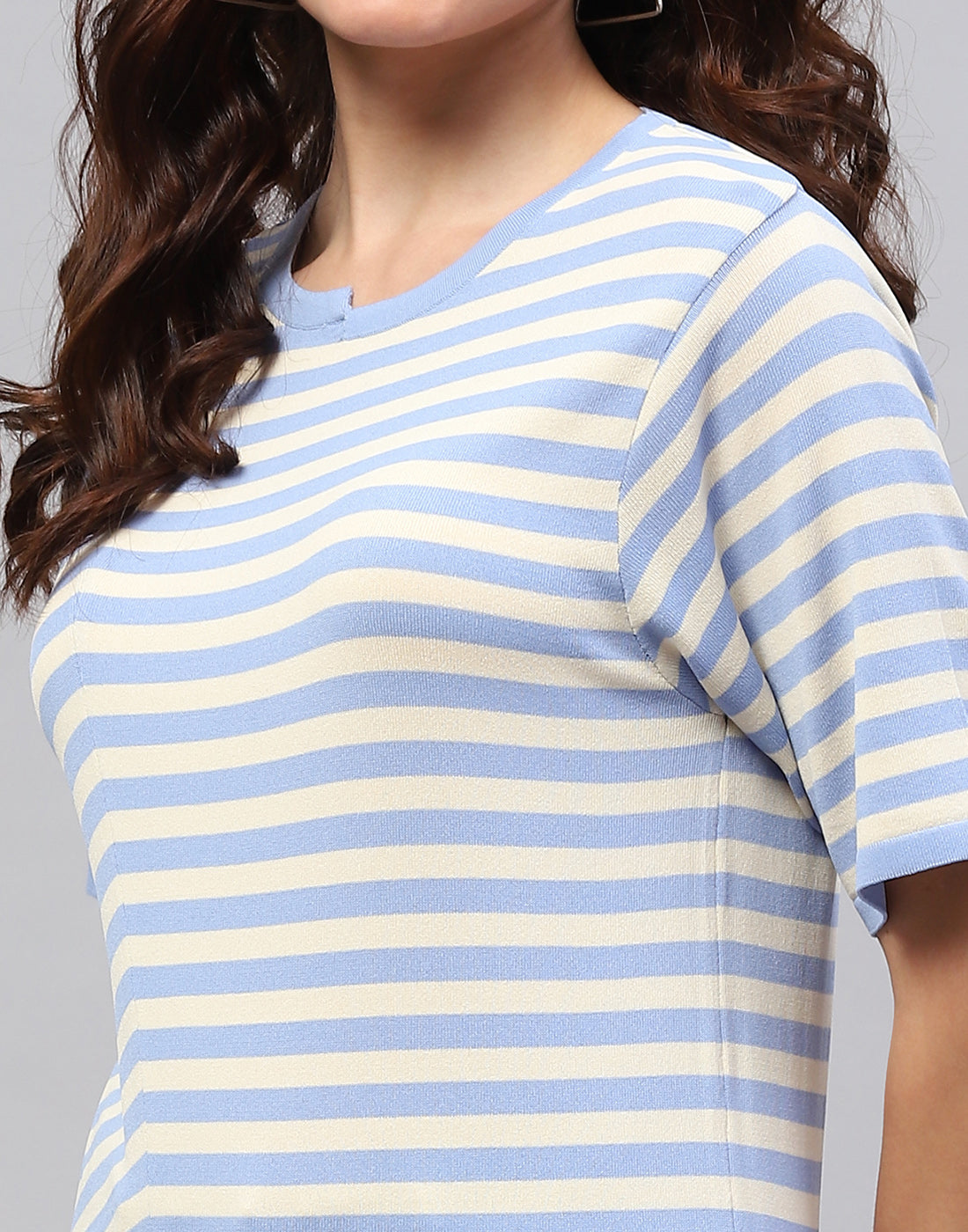 Women Sky Blue Stripe Round Neck Half Sleeve Top