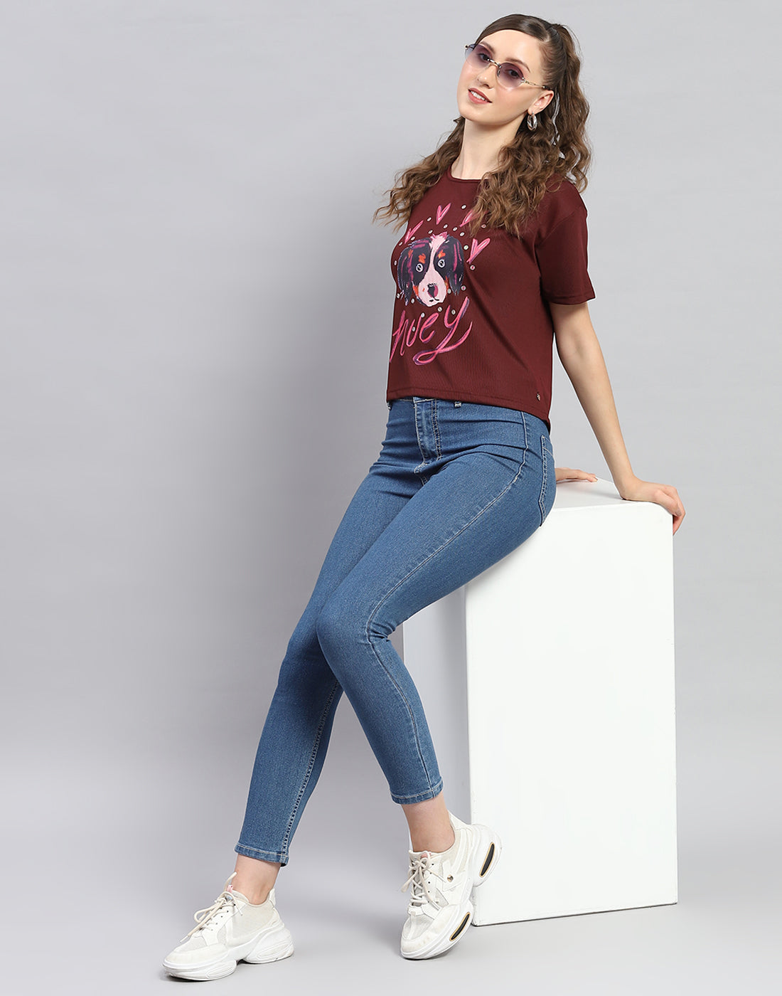 Women Maroon Printed Round Neck Half Sleeve Top