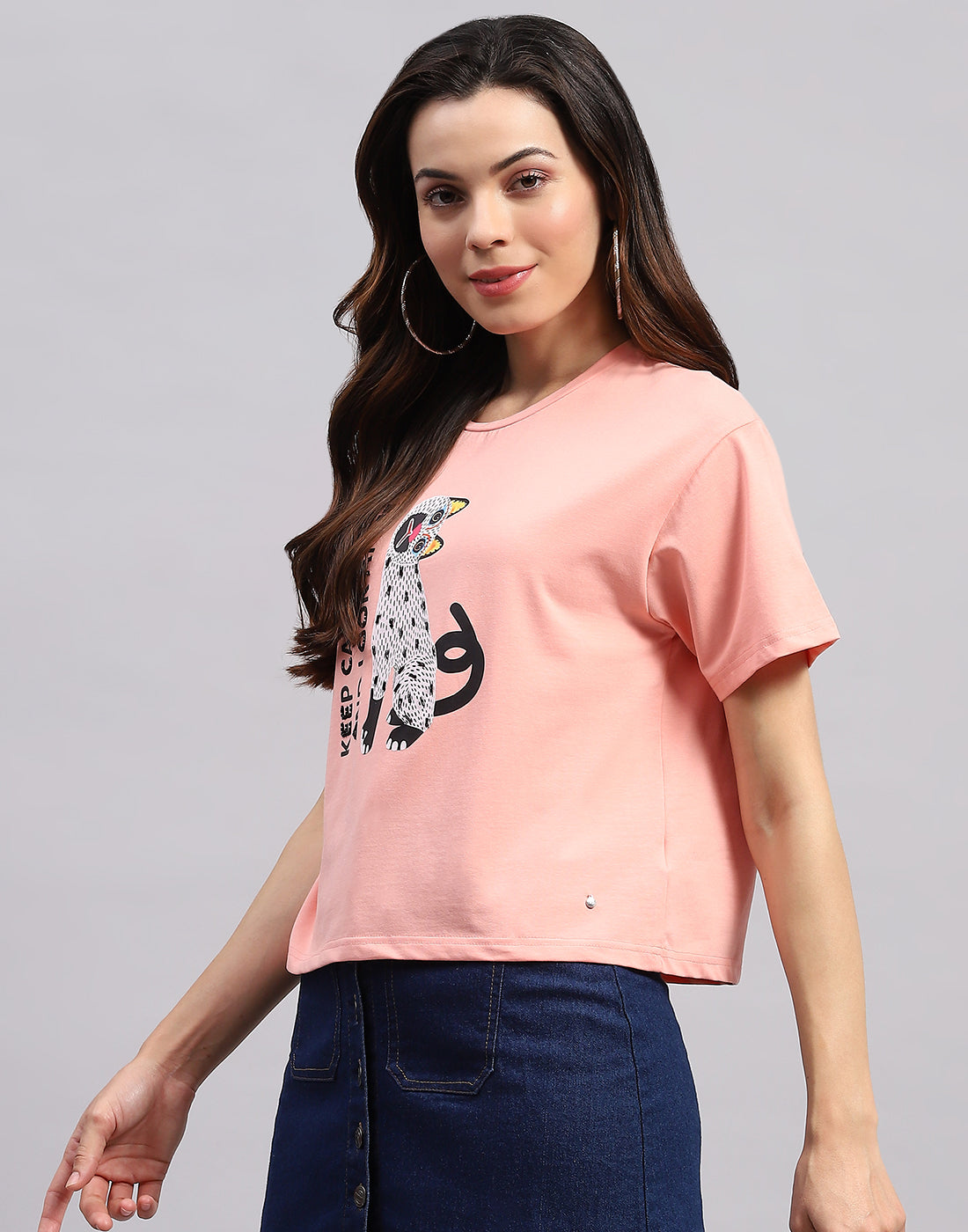 Women Peach Printed Round Neck Half Sleeve Top