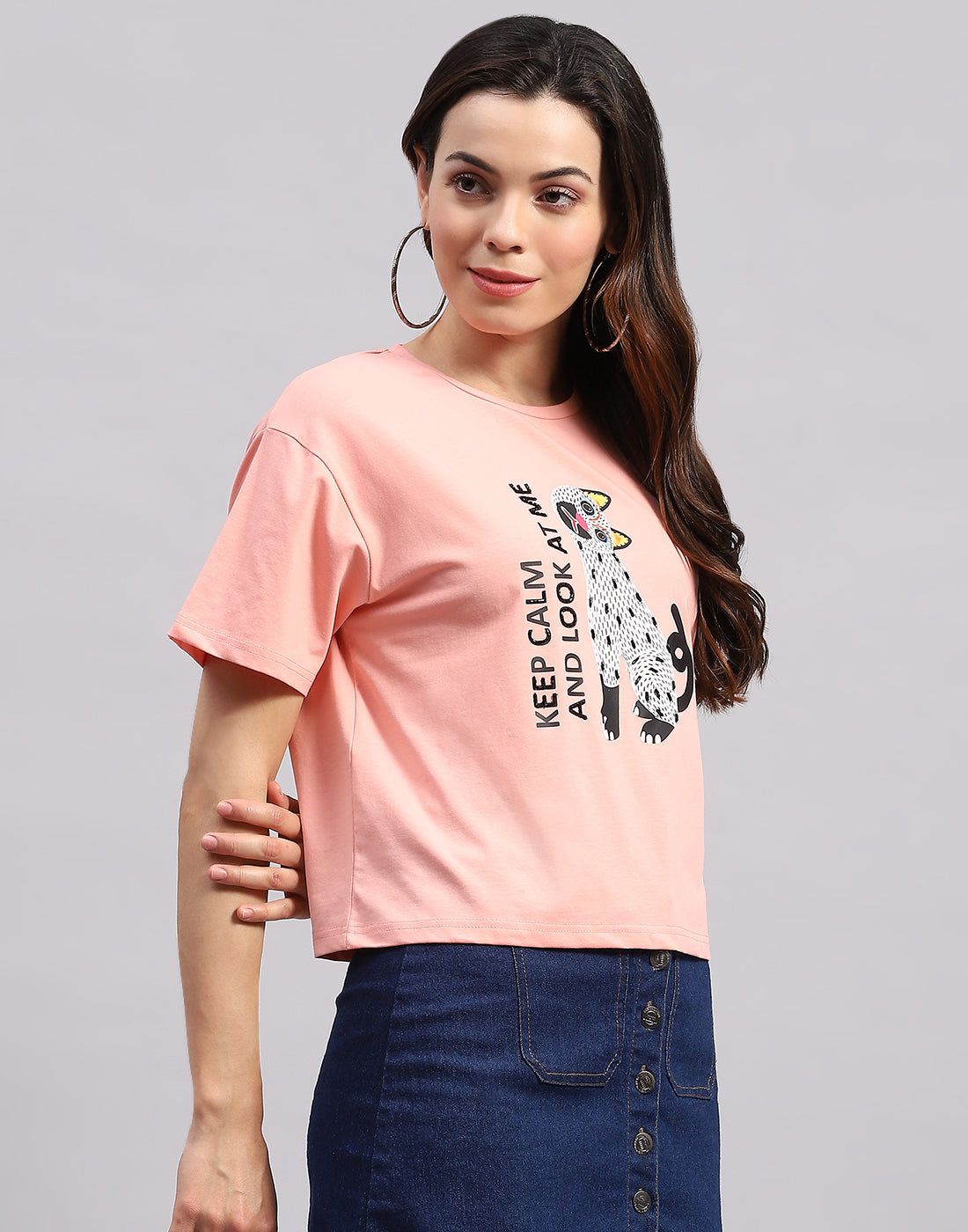 Women Peach Printed Round Neck Half Sleeve Top