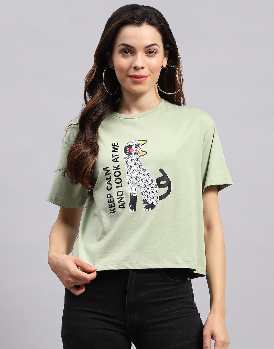 Women Green Printed Round Neck Half Sleeve Top