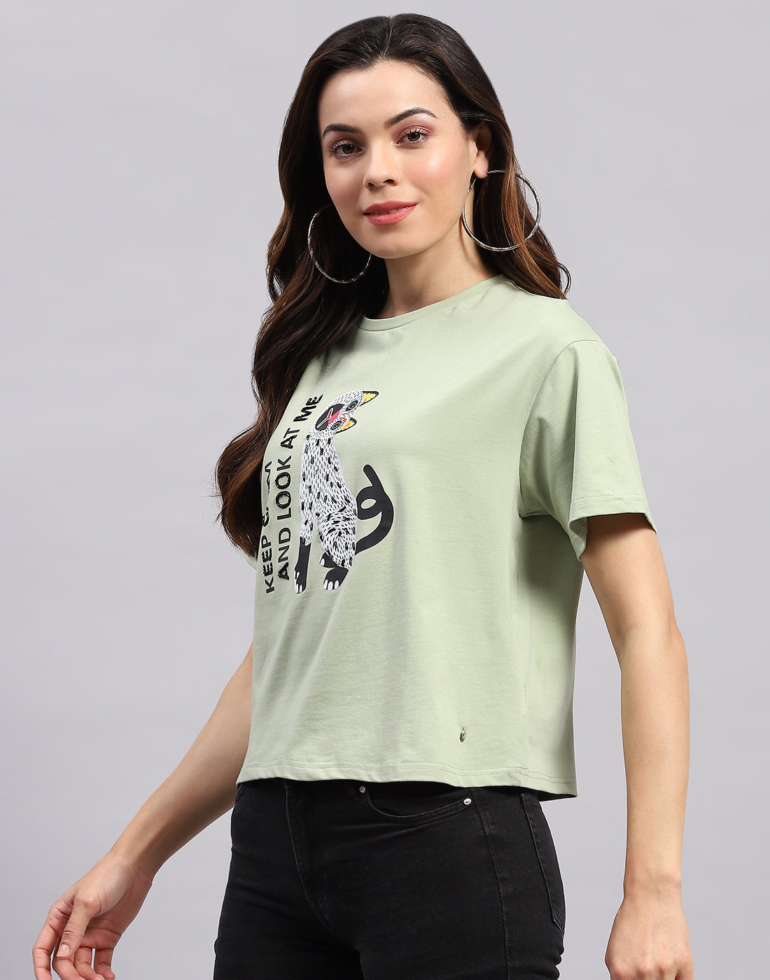 Women Green Printed Round Neck Half Sleeve Top