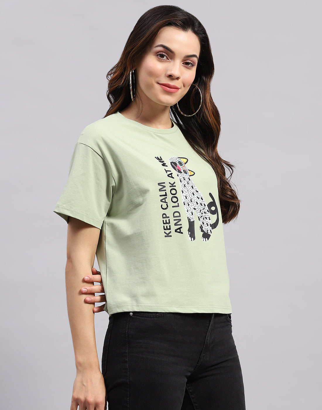 Women Green Printed Round Neck Half Sleeve Top