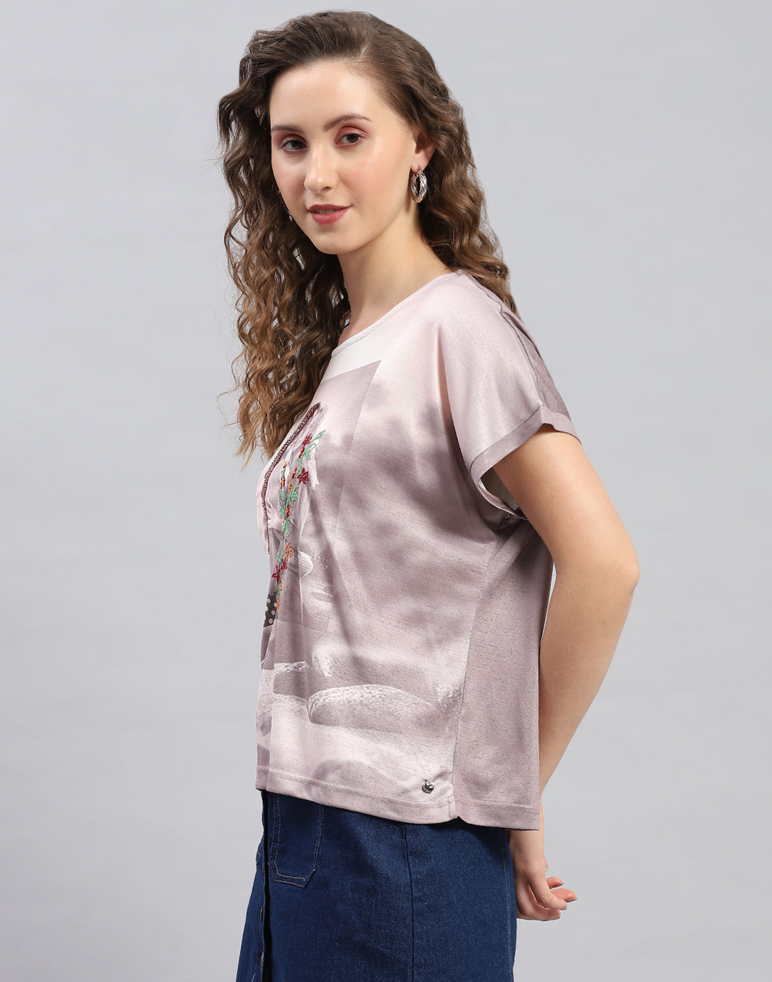 Women Brown Printed Round Neck Half Sleeve Top