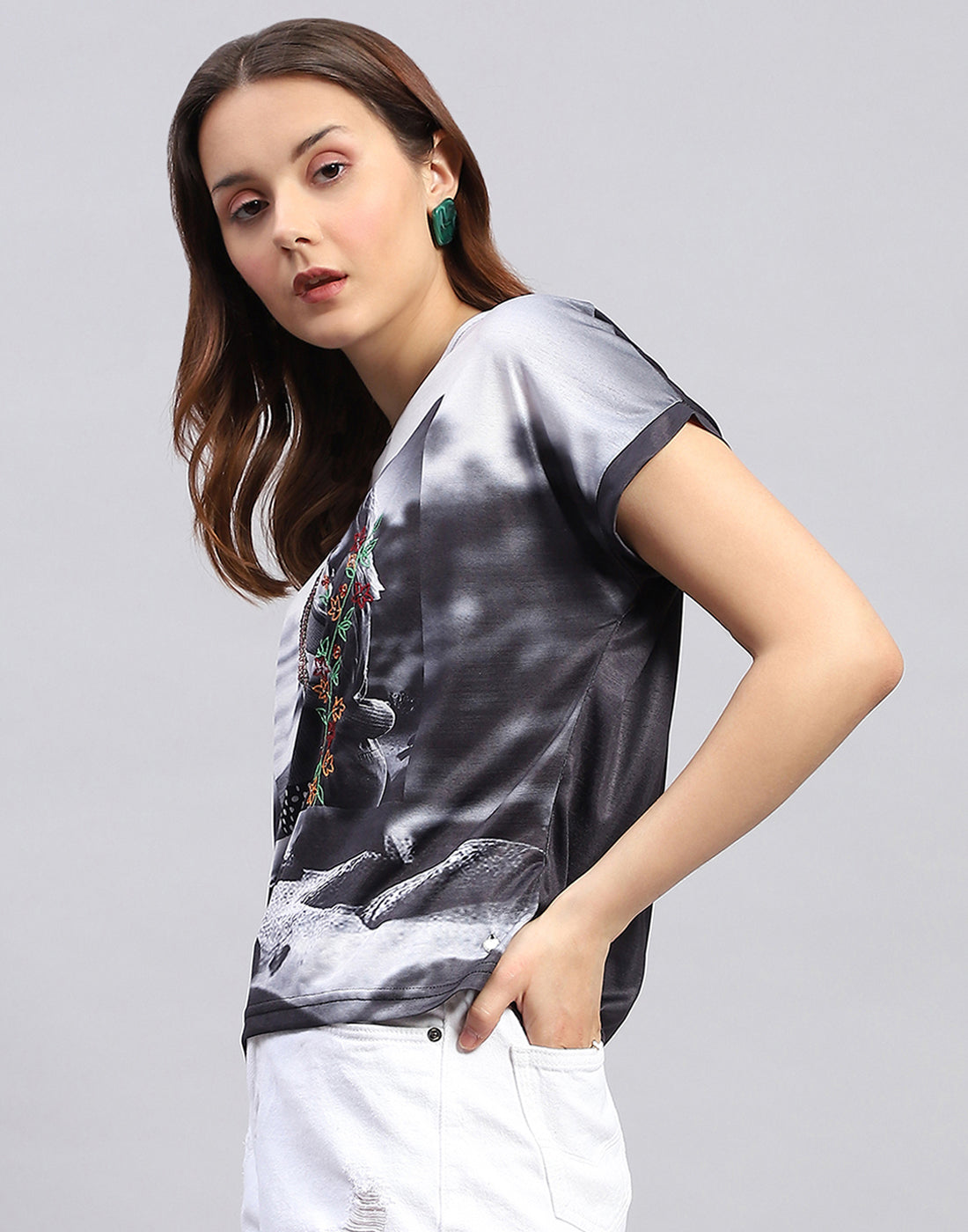 Women Black Printed Round Neck Half Sleeve Top