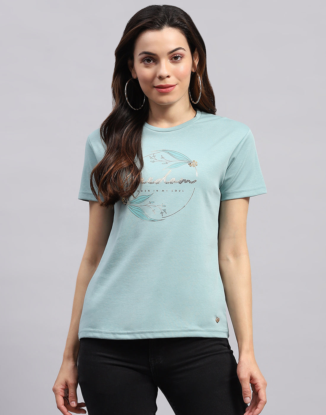 Women Sea Green Printed Round Neck Half Sleeve Top