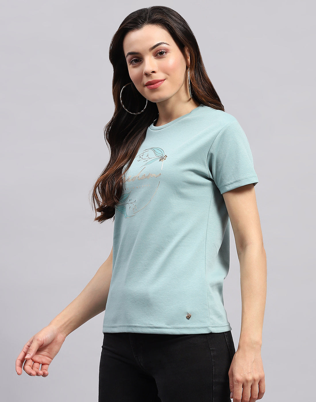 Women Sea Green Printed Round Neck Half Sleeve Top