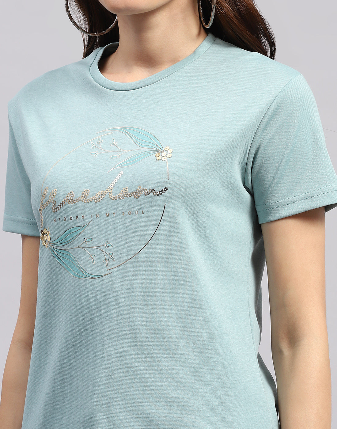 Women Sea Green Printed Round Neck Half Sleeve Top