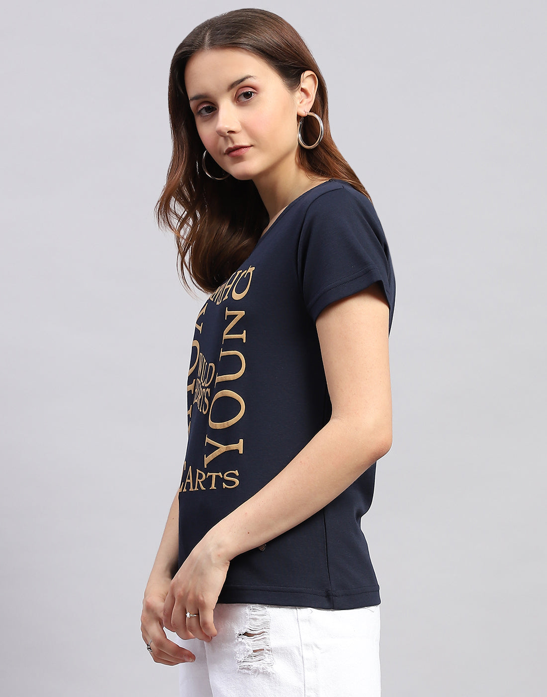 Women Navy Blue Printed Round Neck Half Sleeve Top