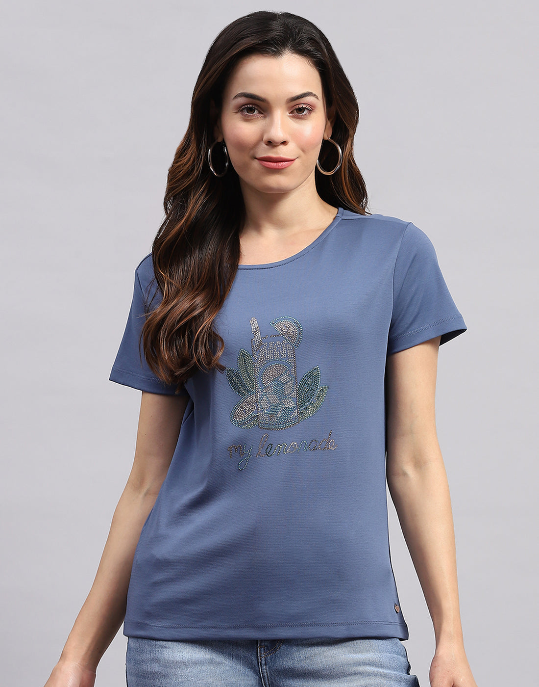 Women Teal Blue Printed Round Neck Half Sleeve Top