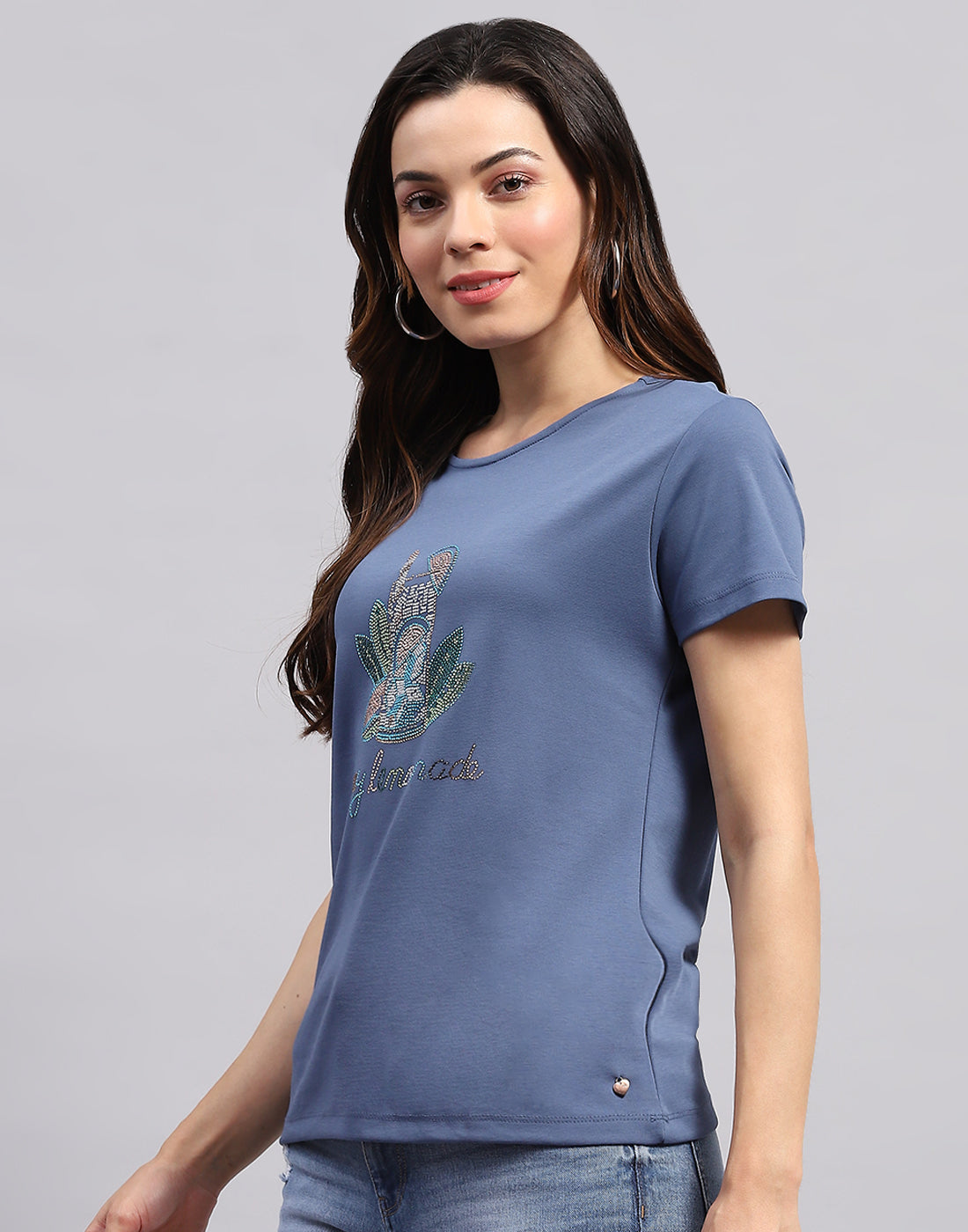 Women Teal Blue Printed Round Neck Half Sleeve Top