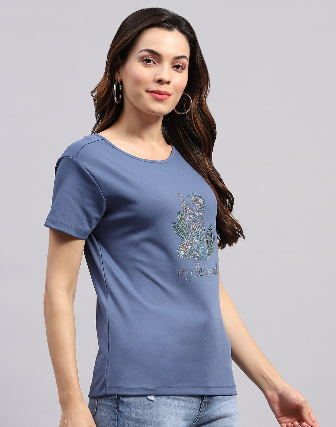 Women Teal Blue Printed Round Neck Half Sleeve Top