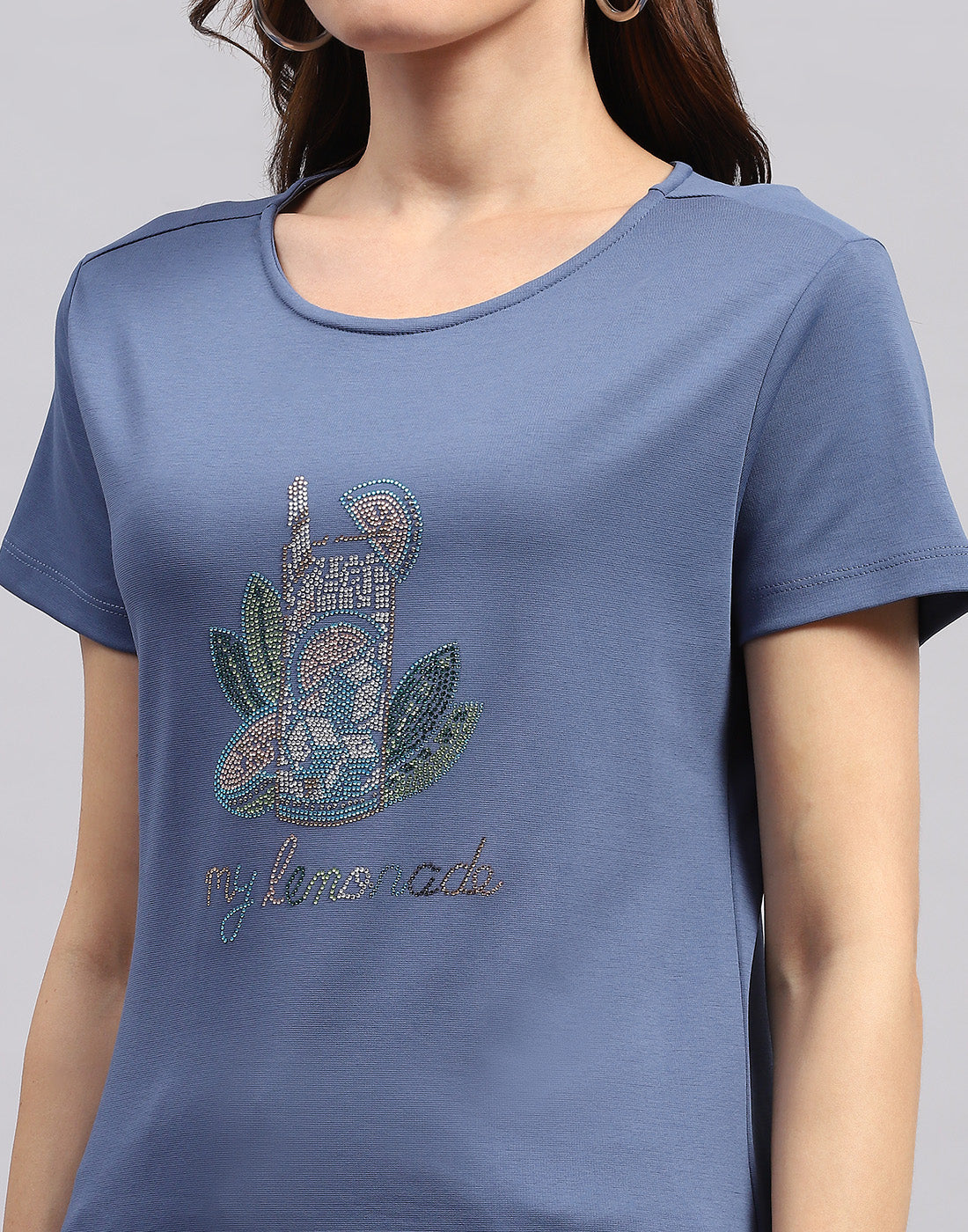 Women Teal Blue Printed Round Neck Half Sleeve Top