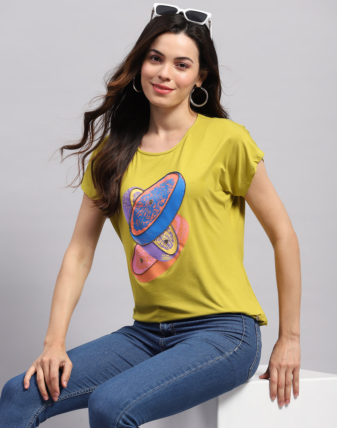 Women Yellow Printed Round Neck Half Sleeve Top