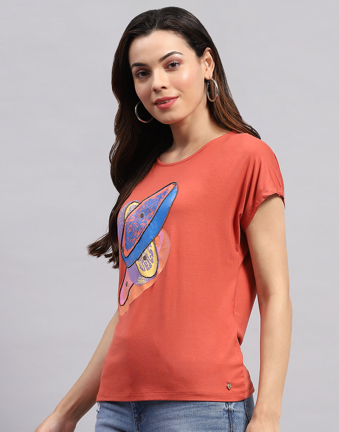 Women Orange Printed Round Neck Half Sleeve Top