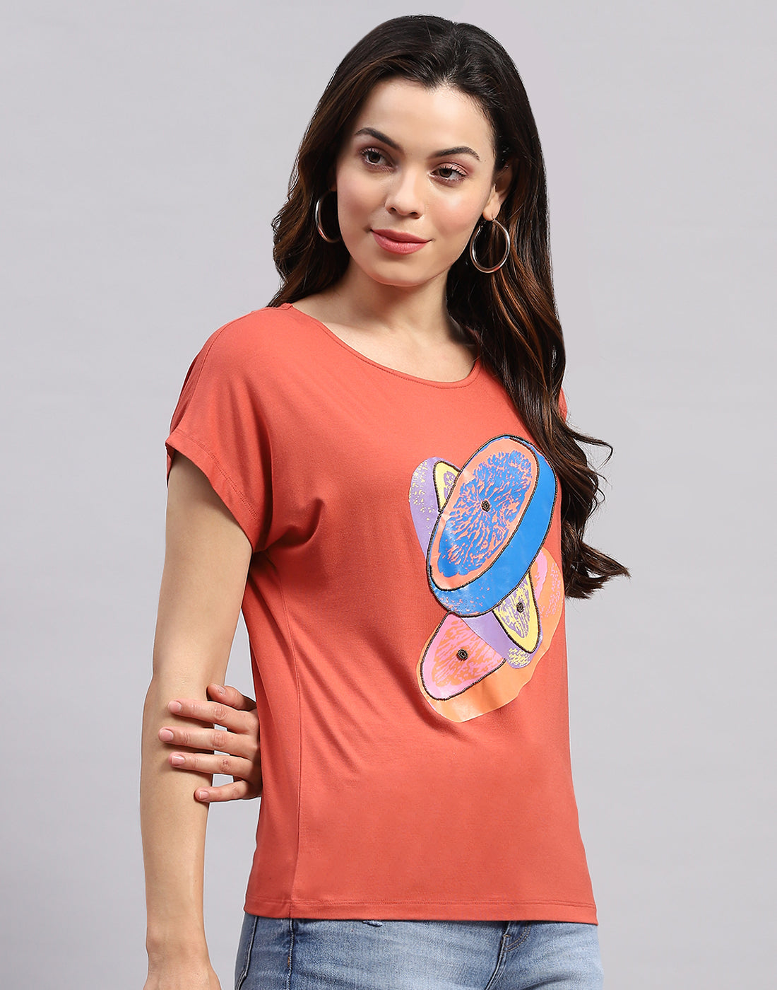 Women Orange Printed Round Neck Half Sleeve Top