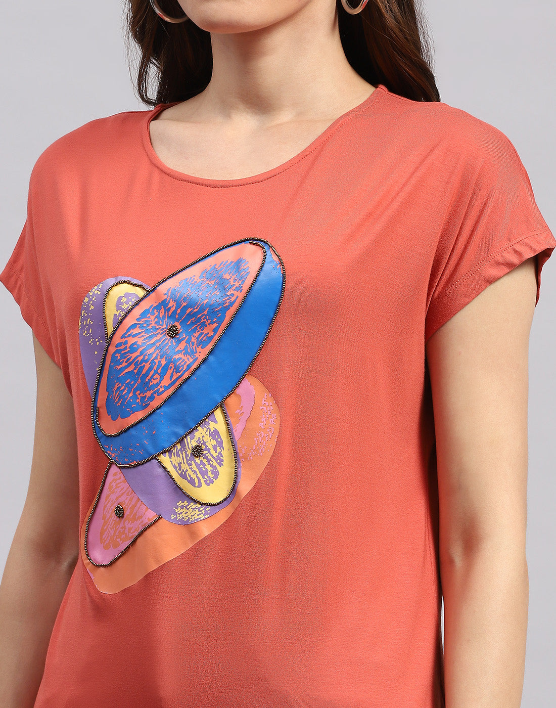 Women Orange Printed Round Neck Half Sleeve Top