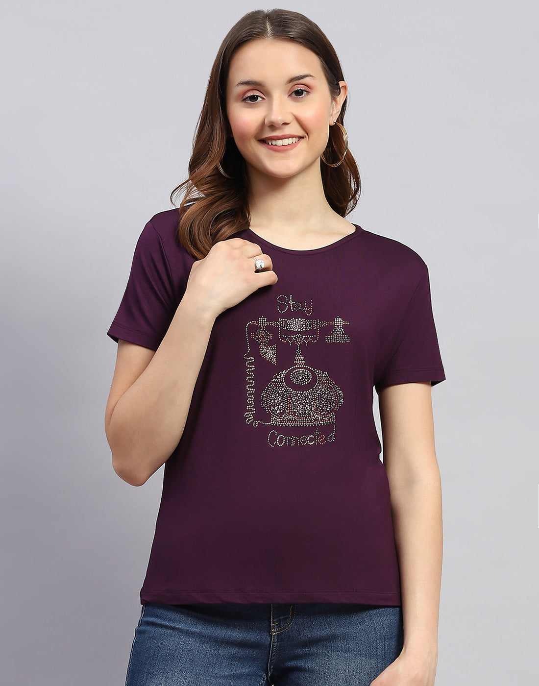 Women Purple Printed Round Neck Half Sleeve Top