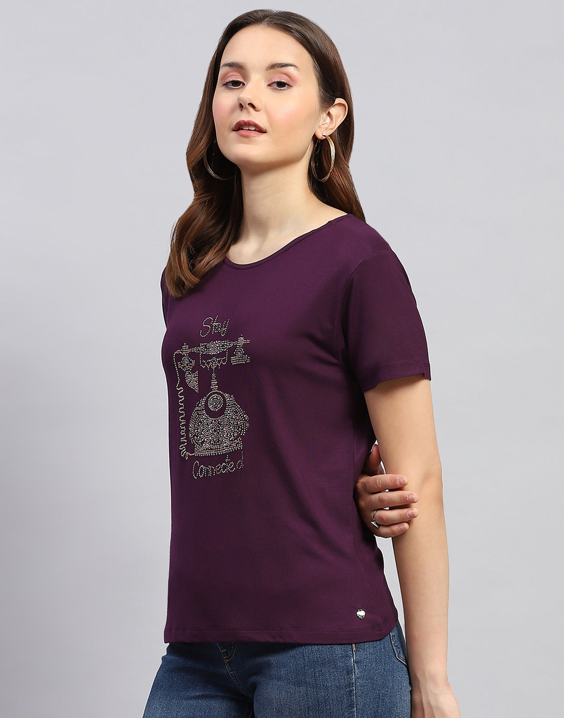 Women Purple Printed Round Neck Half Sleeve Top