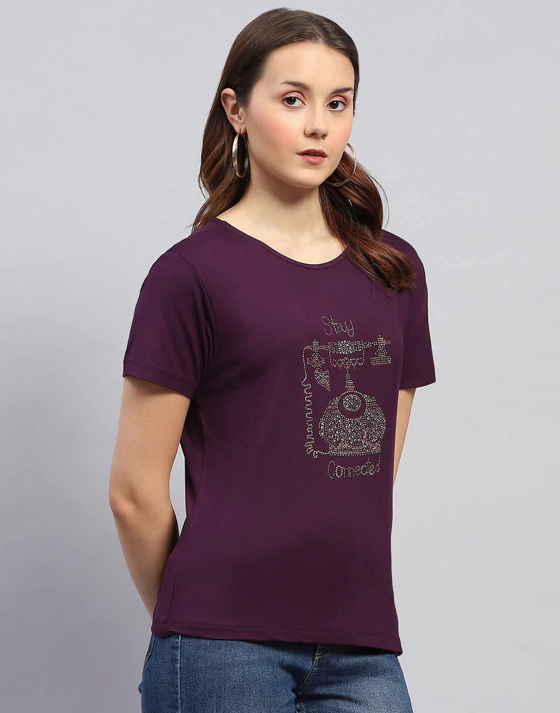 Women Purple Printed Round Neck Half Sleeve Top