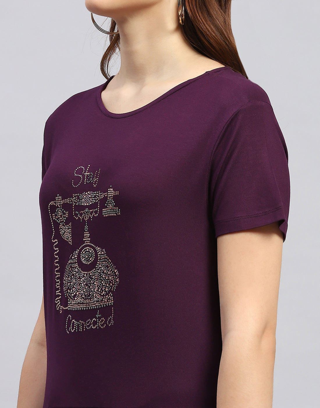 Women Purple Printed Round Neck Half Sleeve Top