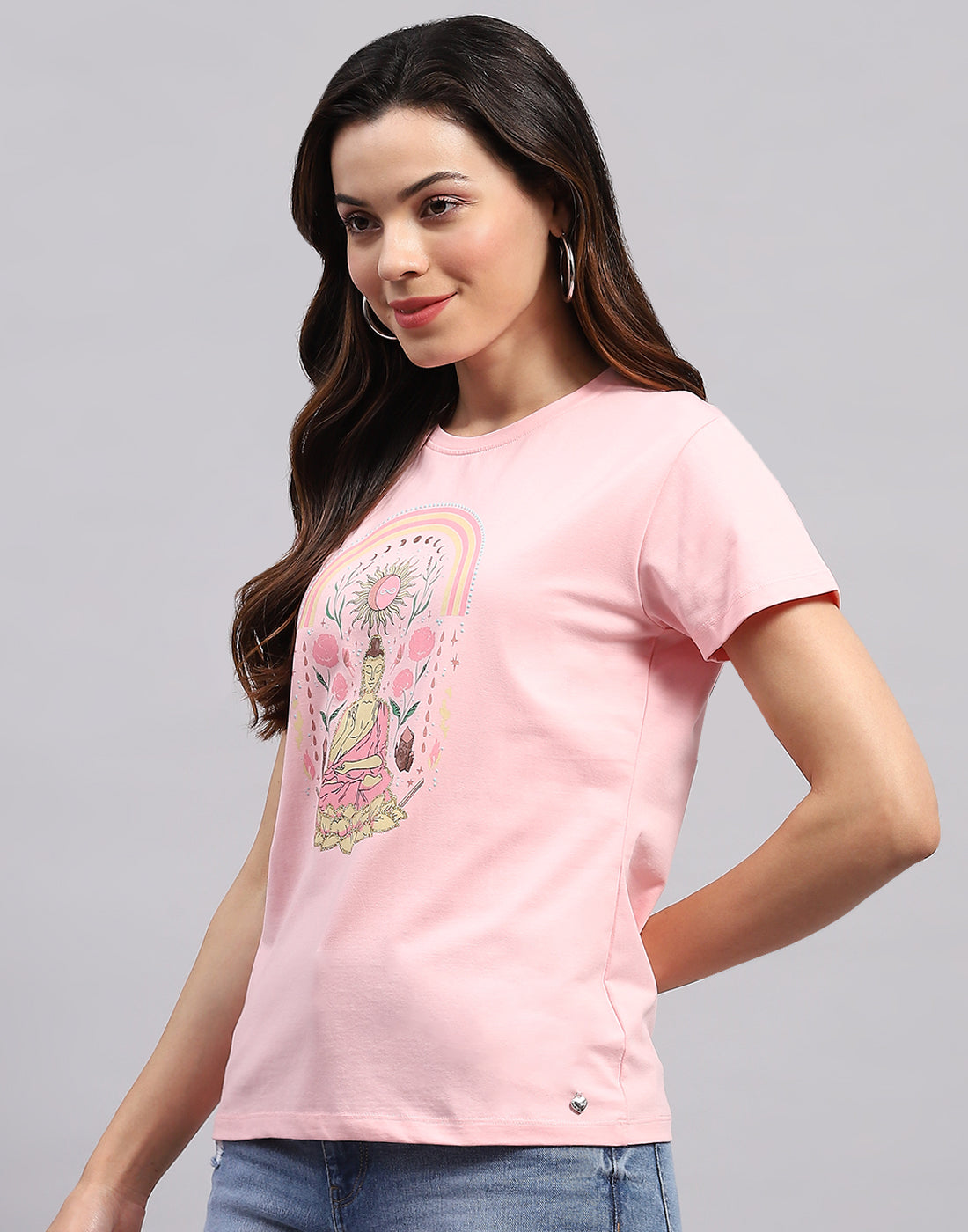 Women Pink Printed Round Neck Half Sleeve Top