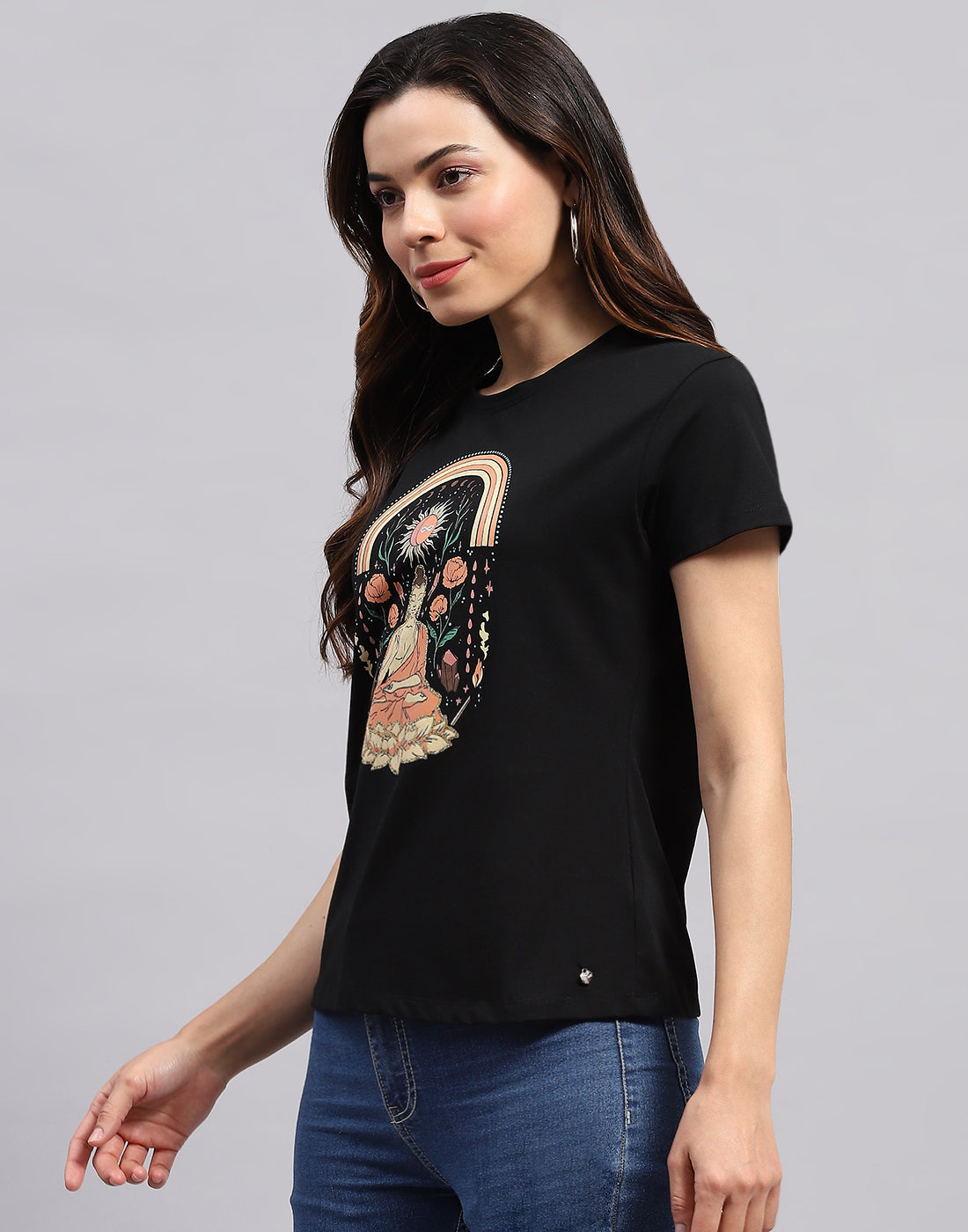 Women Black Printed Round Neck Half Sleeve Top