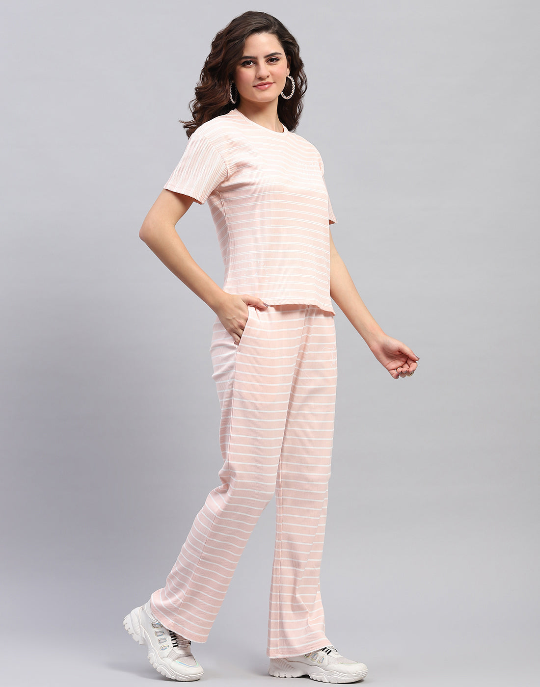 Women Pink Printed Round Neck Half Sleeve Cords Set