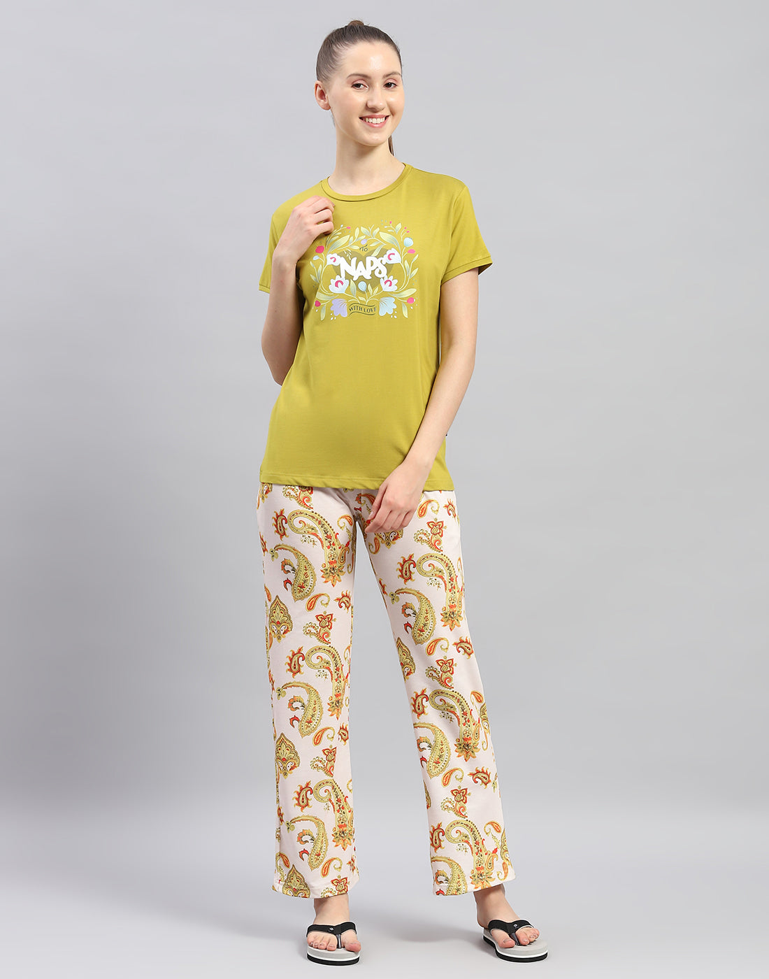 Women Mustard Printed Round Neck Half Sleeve Lower Set