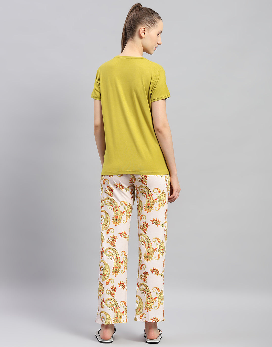 Women Mustard Printed Round Neck Half Sleeve Lower Set